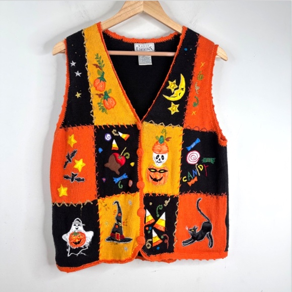 VTG 90s Halloween Sweater Vest L Patchwork Embroidery Orange Witch Hat Black Cat - Picture 10 of 10